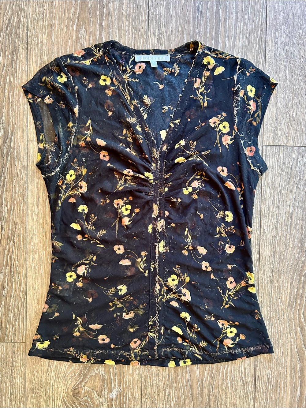Daniel Rainn Black Floral Ruched V-Neck Top
